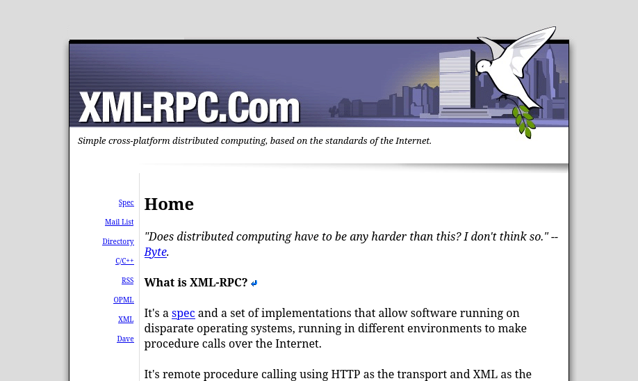 The now defunct homepage on xmlrpc.com - Archive.org cached version.