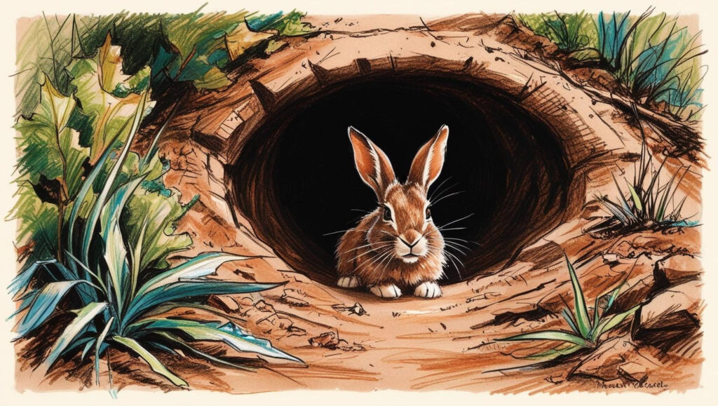 An illustration of a rabbit in its hole.