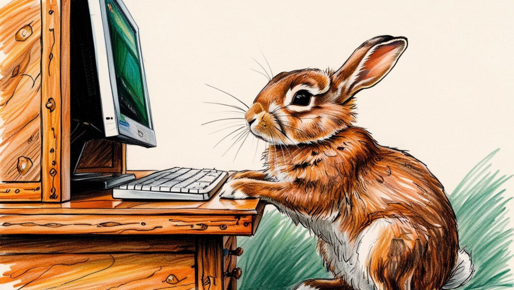 Our dear rabbit doing research on the computer.