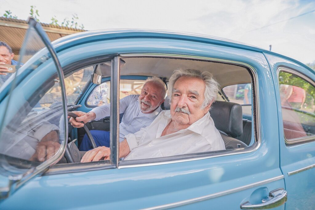 Mujica with Luiz Inácio Lula da Silva in his 1987 Volkswagen Beetle in 2023